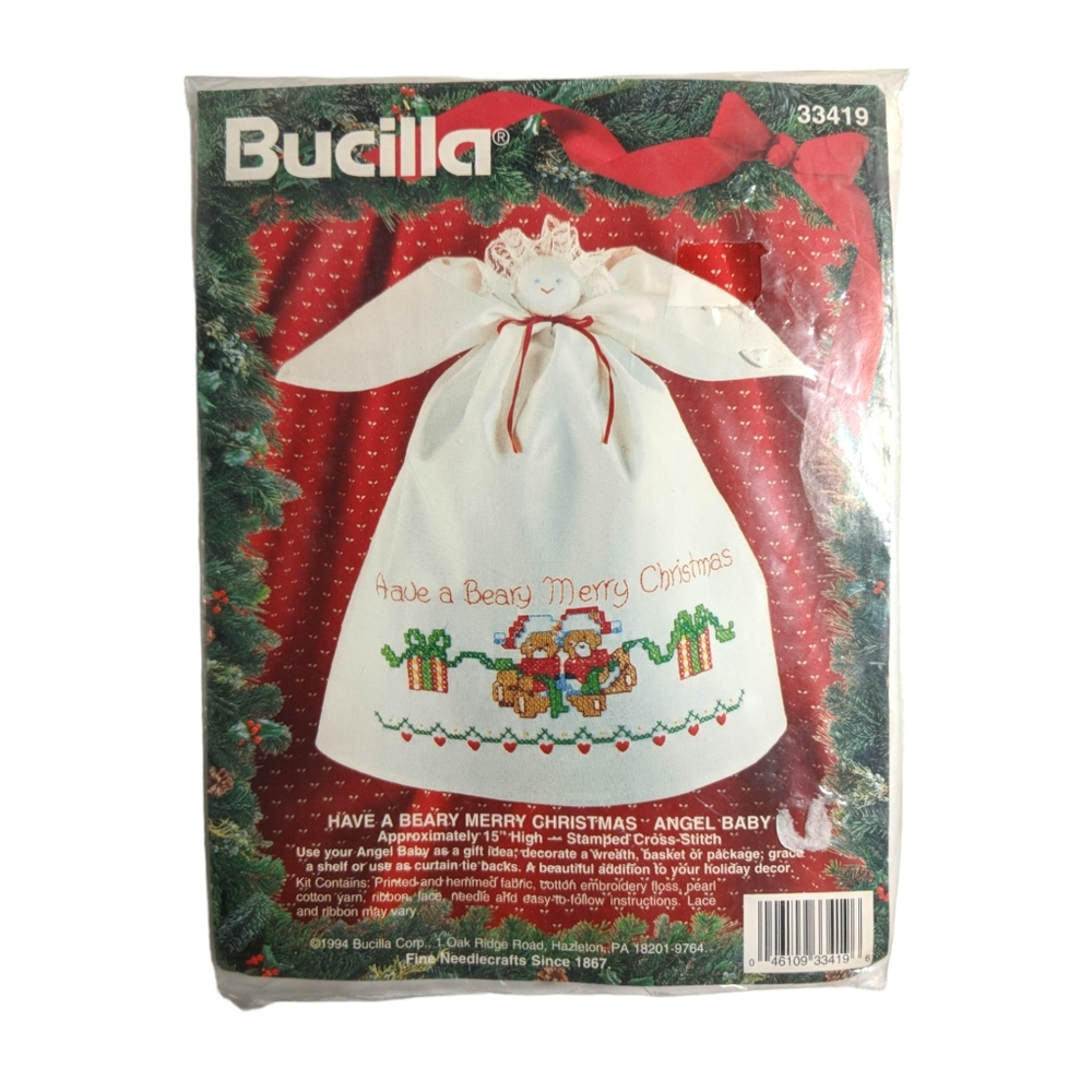 Bucilla | NEW have a beary Merry Christmas angel baby cross stitch kit 33419 VTG